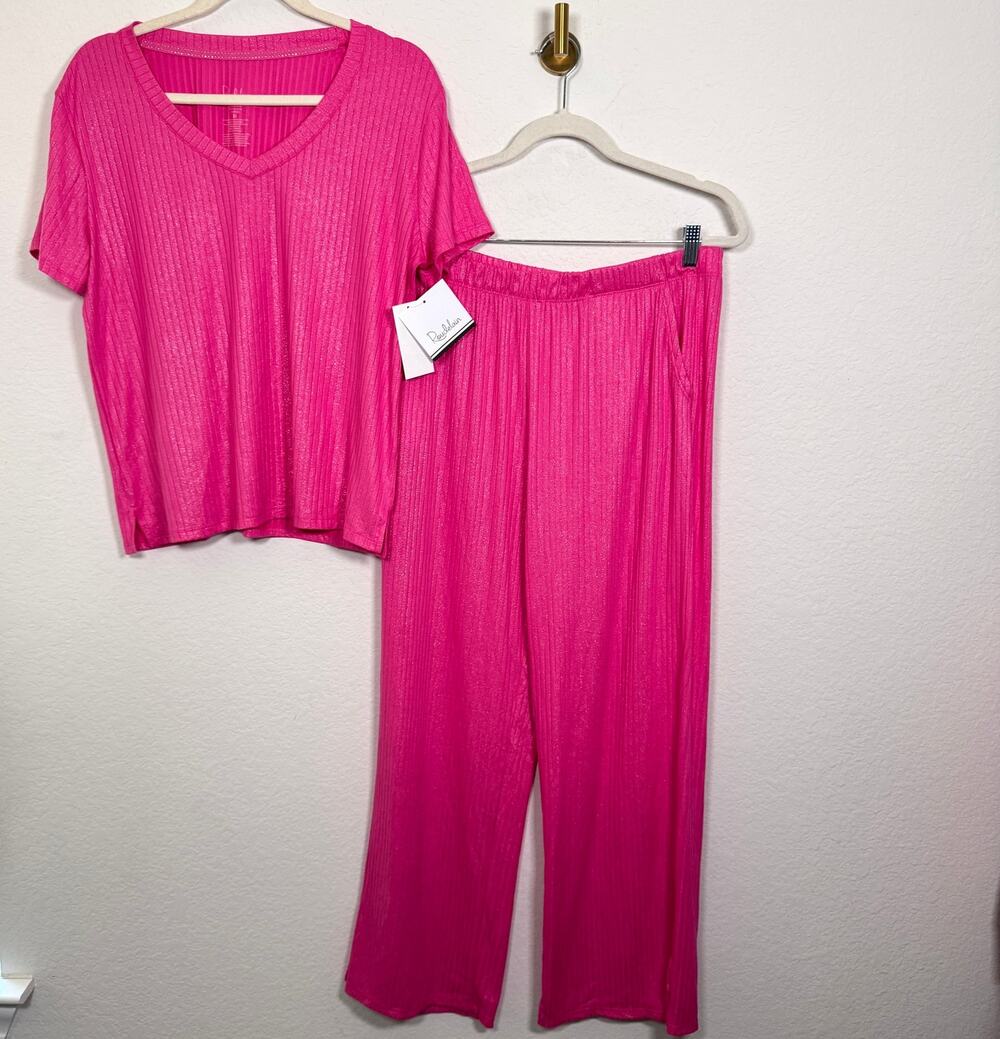 Roudelain Women Two Piece Sleep Pajama Set Sz M Glitter Ribbed Stretch Dark Pink